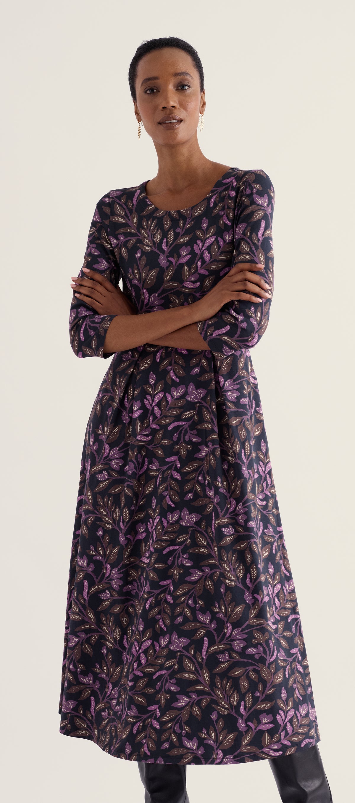 Veronica Midi Dress in Organic Cotton Jersey-Floral Branches Inkwell