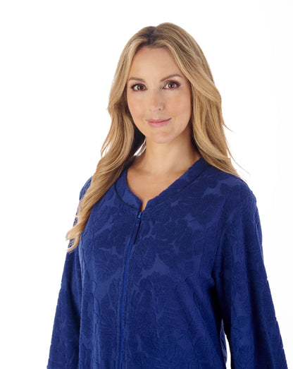 Navy 42" Floral Towelling Zip Front Robe