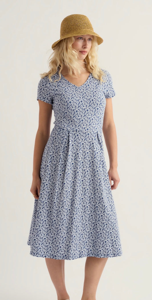 Pier View Jersey Dress Bunched Cornflowers Dark Voyage