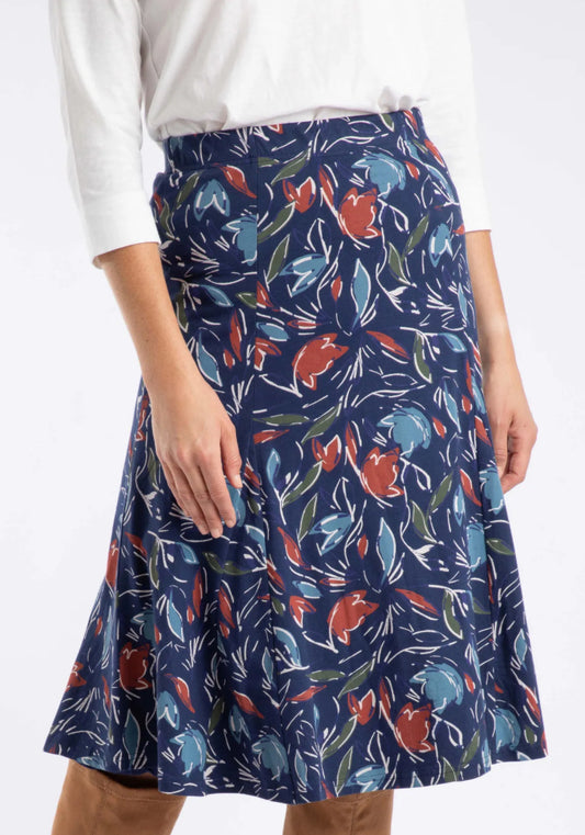 Lorient Organic Cotton Printed Jersey Godet Midi Skirt Navy Blue