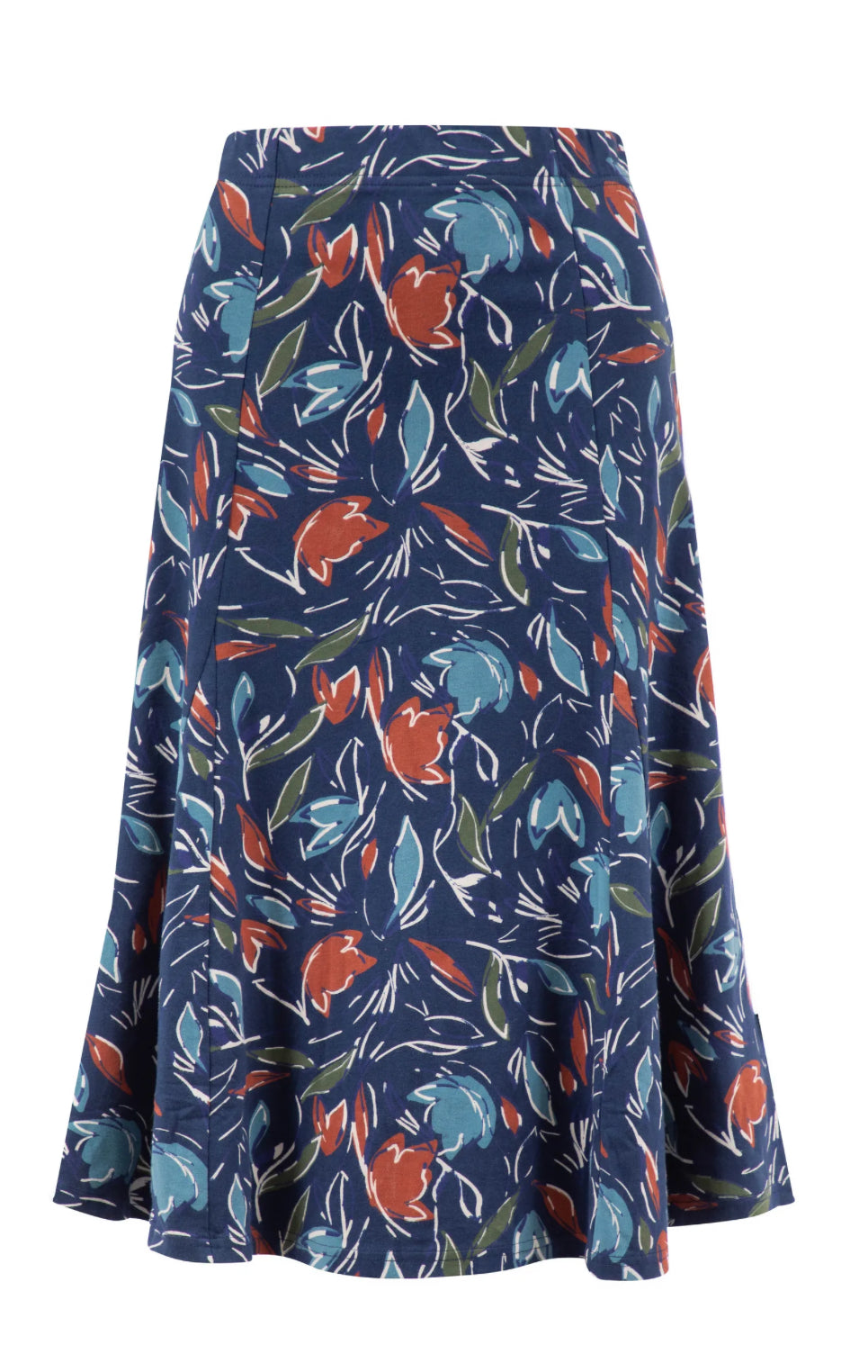 Lorient Organic Cotton Printed Jersey Godet Midi Skirt Navy Blue