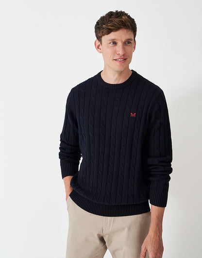 Oarsman Organic Cotton Cable Crew Jumper in Dark Navy