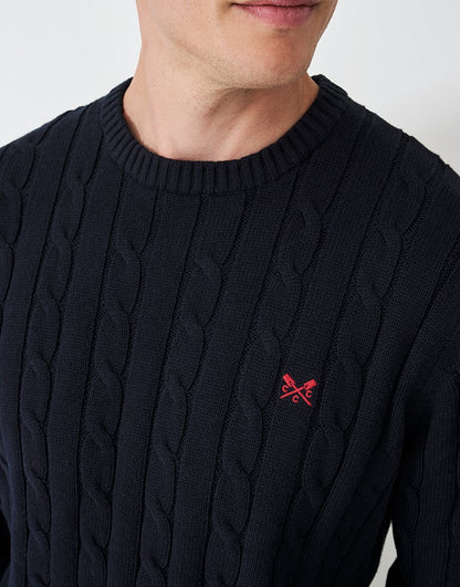Oarsman Organic Cotton Cable Crew Jumper in Dark Navy
