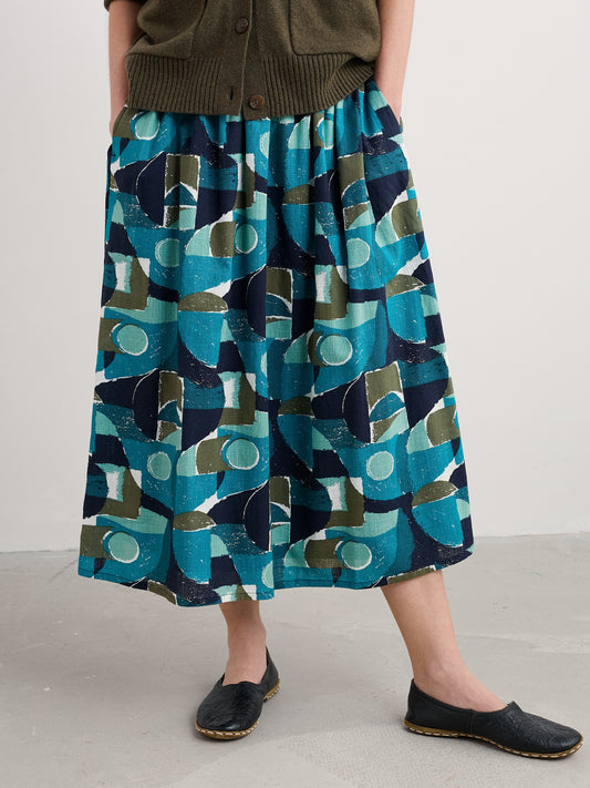 Mevagissey Midi Skirt in Organic Cotton Penwith Abstract Emulsion