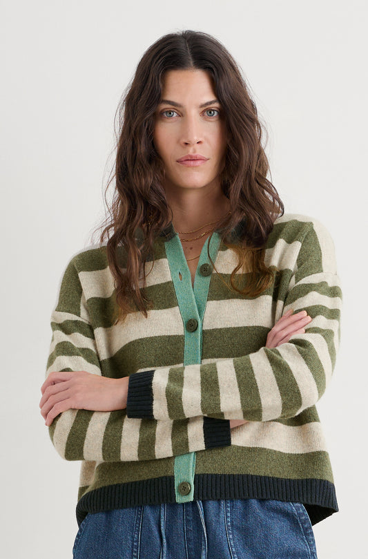 Pinwell Striped Cardigan Bright Shape Light Olive Mix