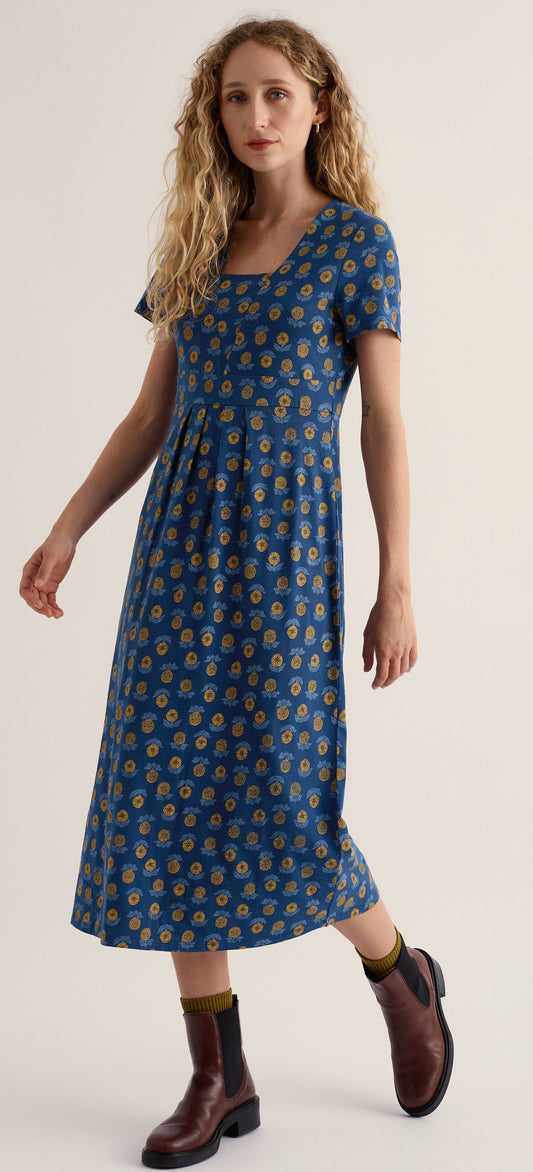 Seed Packet Short Sleeve Midi Dress-Marigold Sketch Marine