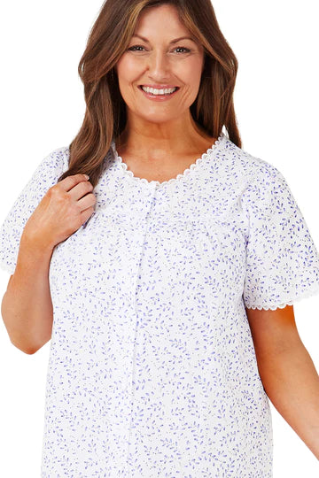 Swirl Leaf Button Through Easy-Care Nightdress BLUE/WHITE