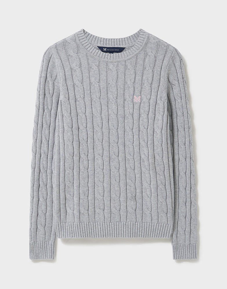 Crew Neck Cotton Cable Knit Jumper in Grey Marl