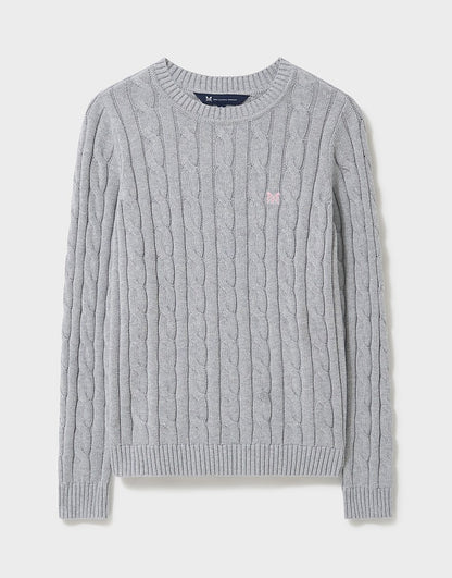 Crew Neck Cotton Cable Knit Jumper in Grey Marl