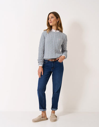 Crew Neck Cotton Cable Knit Jumper in Grey Marl