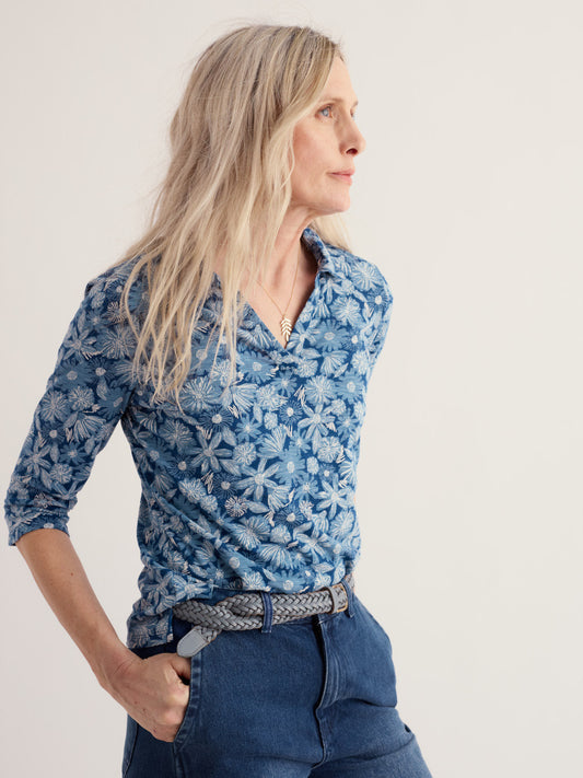 Wavecrest Semi Fitted Jersey Shirt-Sketchbook Blooms Marine