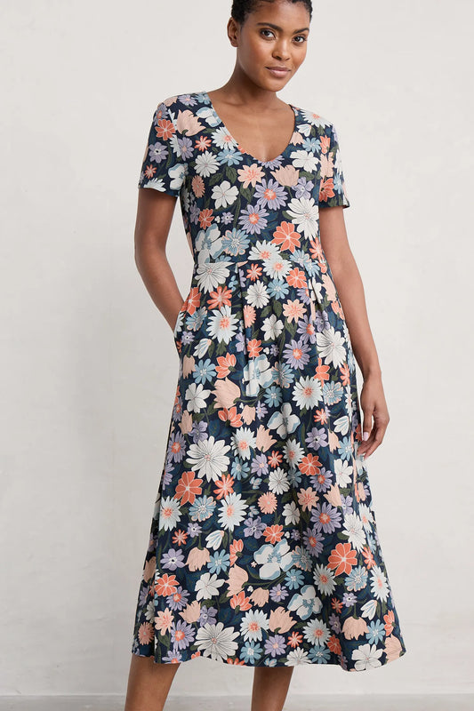 Helena Short Sleeve V-Neck Midi Dress Flowering Blooms Maritime