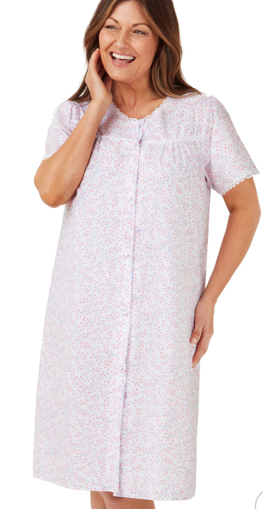 Swirl Leaf Button Through Easy-Care Nightdress PINK /WHITE