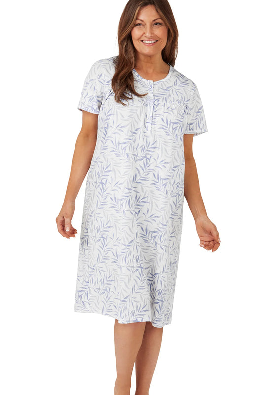 Blue Palm Print 40" Easy Care Jersey Short Sleeve Nightdress