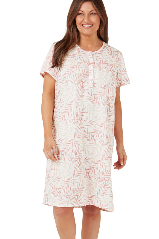 Pink Palm Print 40" Easy Care Jersey Short Sleeve Nightdress